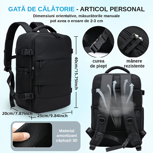 Rucsac de călătorie negru, vedere față și spate, cu dimensiuni orientative de 40 × 25 × 20 cm